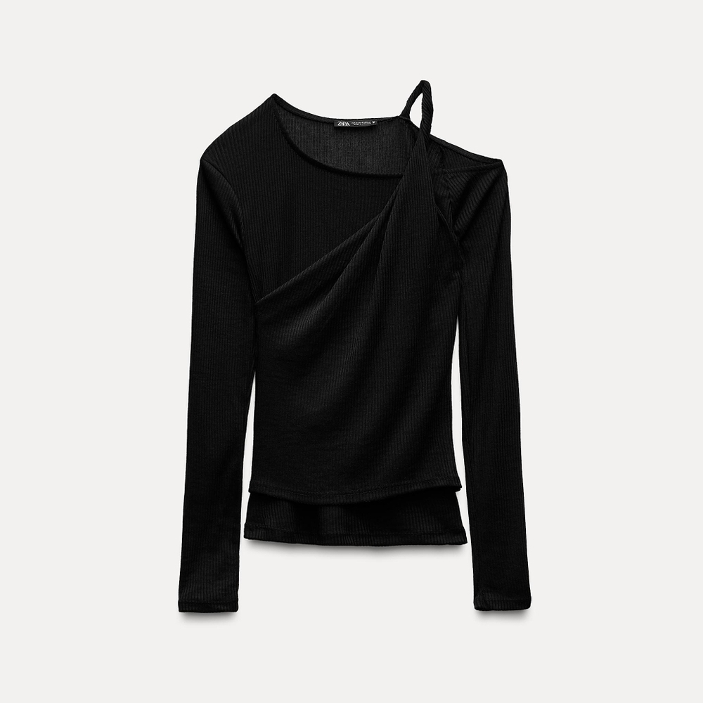 ZARA BLACK RIBBED ASYMMETRICAL TOP